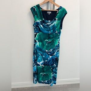 Summer print midi dress with draped neck, lined bodice (doesn’t need slip).